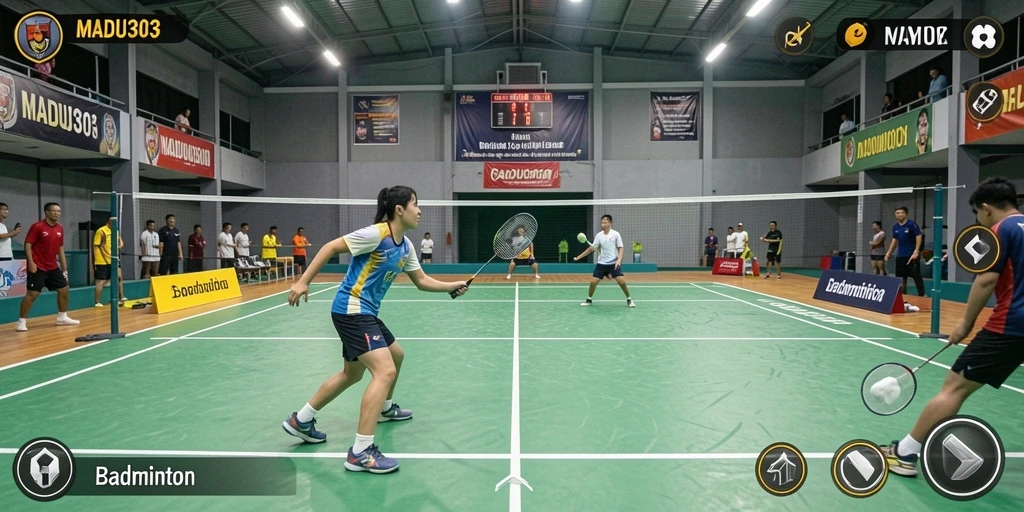 Antarmuka MADU303 menampilkan grafik badminton yang menarik dan fungsional.