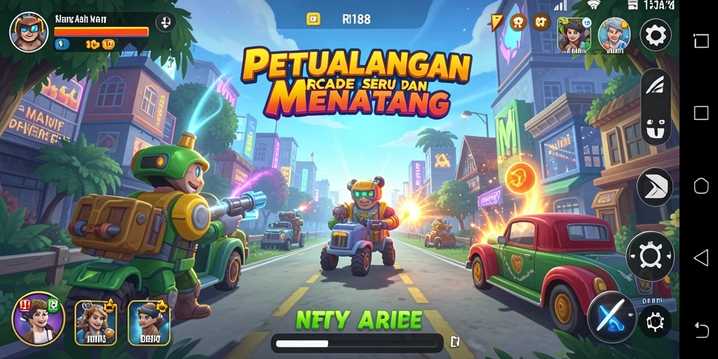 Screenshot RI188 menampilkan antarmuka menarik dengan karakter arcade yang dinamis.